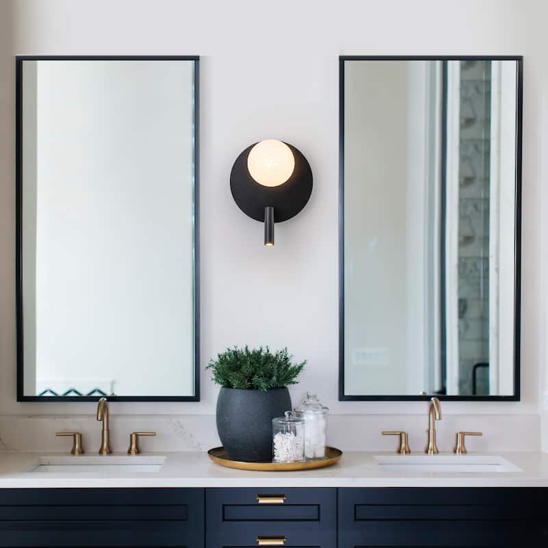 Black Dual-Light Wall Sconce with Textured Moon Glass Globe Modern