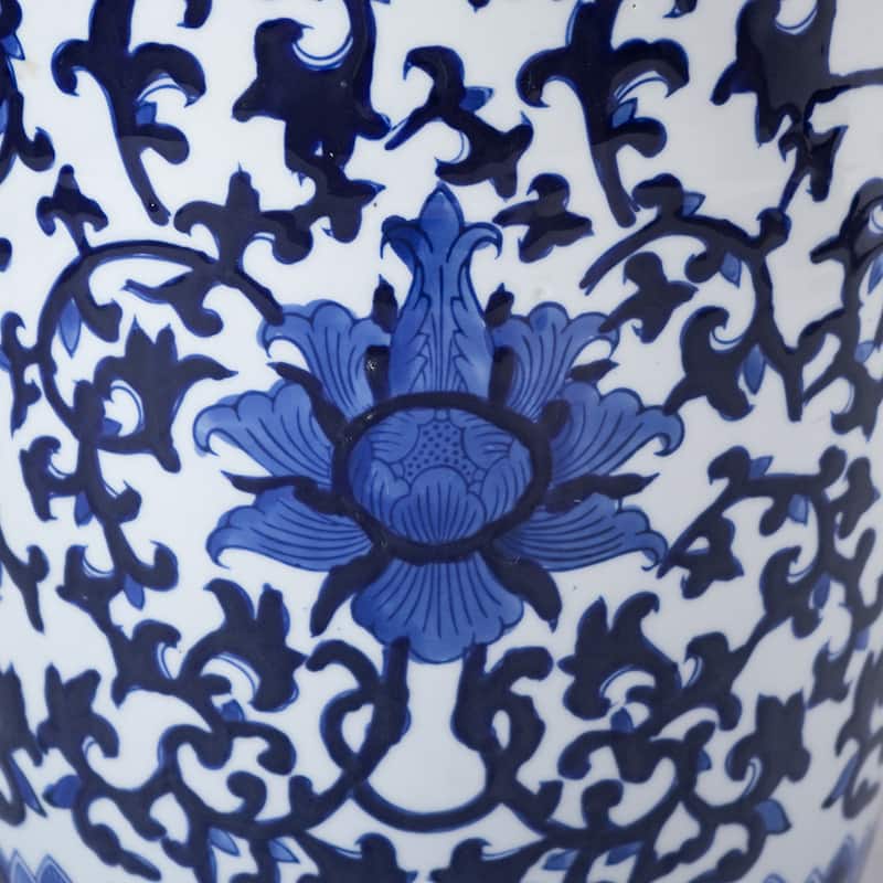 11 Inch Garden Stool, Ceramic Drum Shape, Blue, White Floral Pattern