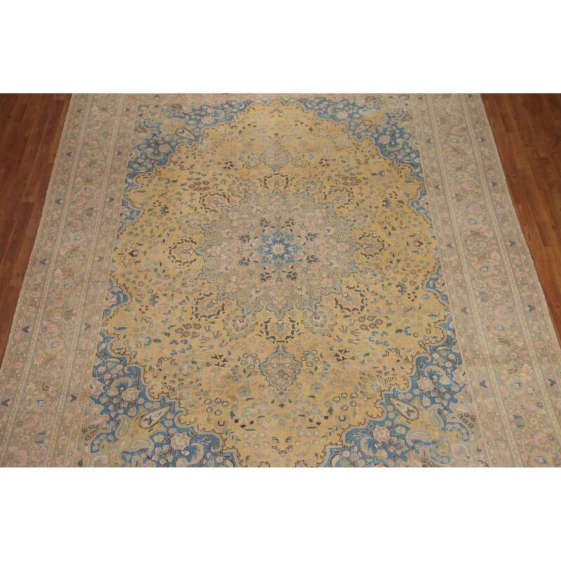 Hand Knotted Oriental 100% Wool Carpet Traditional Floral Yellow & Gold Mashad Area Rug - 12' 6'' X 9' 7''
