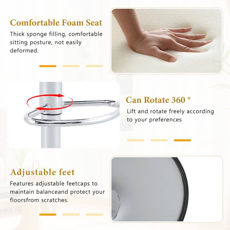 Set of 2 Adjustable Height Bar Stools, PU Leather Upholstered with Chrome Base & Footrest, Modern Comfortable Stools