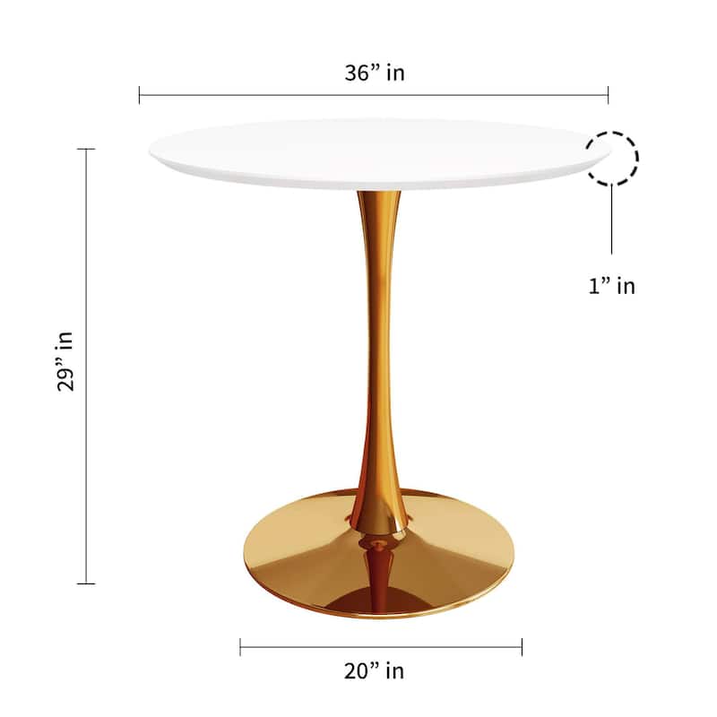 White Wood and Gold Metal Round Dining Table Pedestal Base Gloss Finish Seats 4 - 36" D x 36" W x 29" H