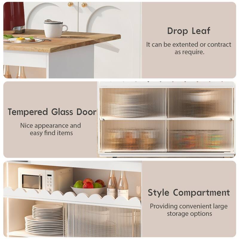 44 in. Rubber Wood Drop-Leaf Countertop Kitchen Island on 5 Wheels with Open Shelf and Wine Rack