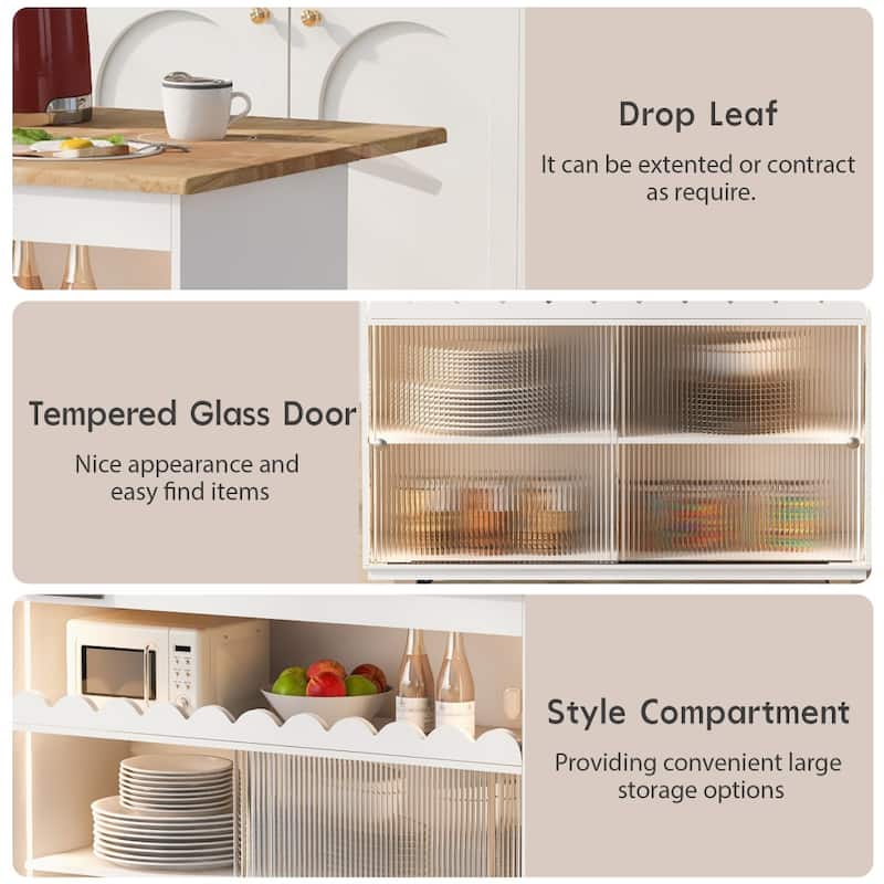 LED Light Kitchen Island on Wheels with Drop Leaf and Power Outlets