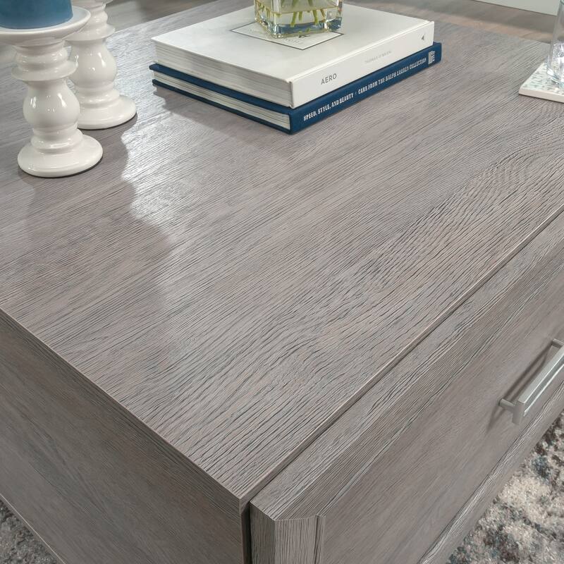Gray Minimalist Side Table with Drawer and Open Shelf for Living Room Family Room