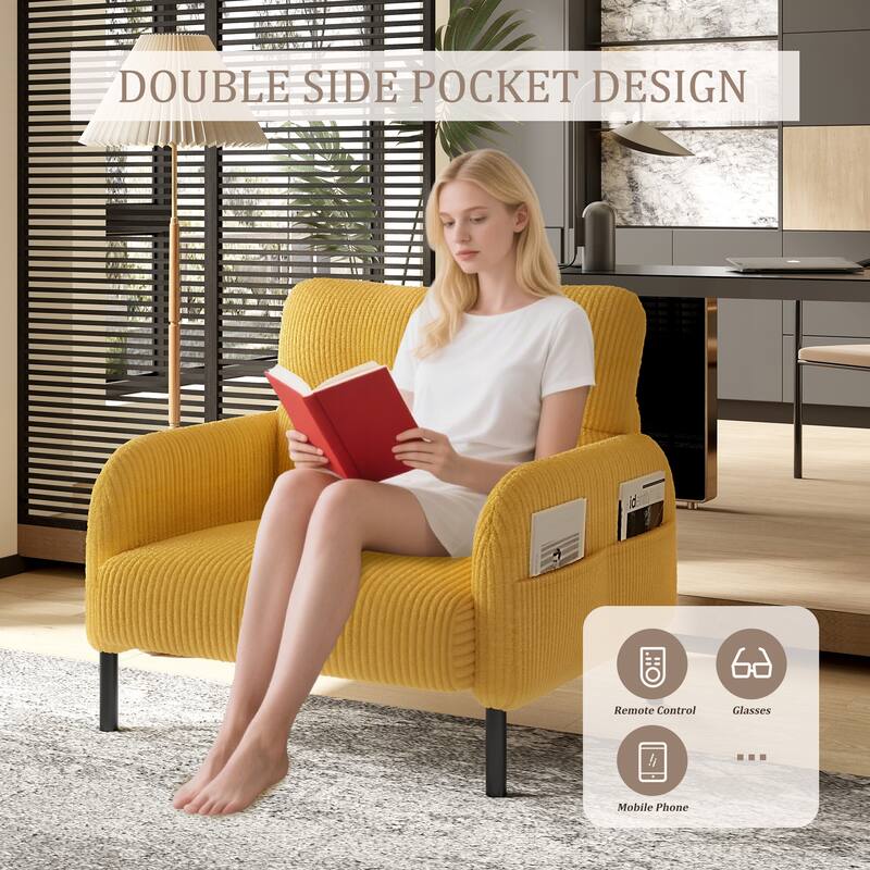 Corduroy Upholstered Single Sofa Chair, Lounge Reading Chair with Side Pockets, Armchair with Solid Wood Frame