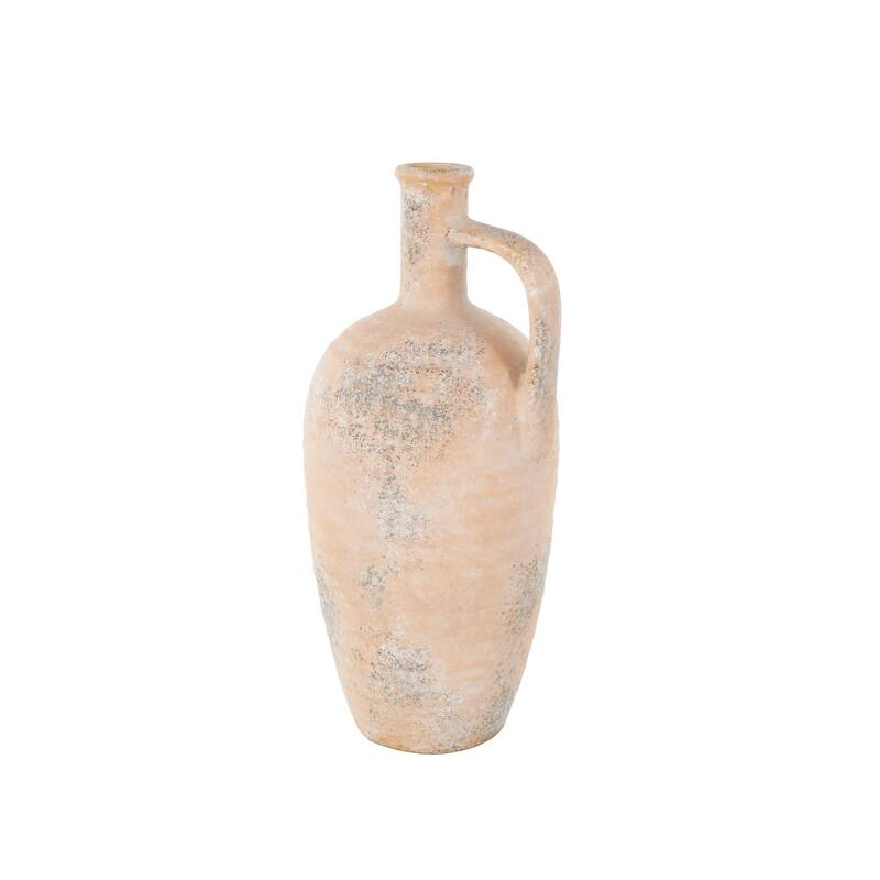 Ceramic Antique Style Distressed Vase with Handle - Beige - Roche River Decor - Beige - 9"W, 18"H
