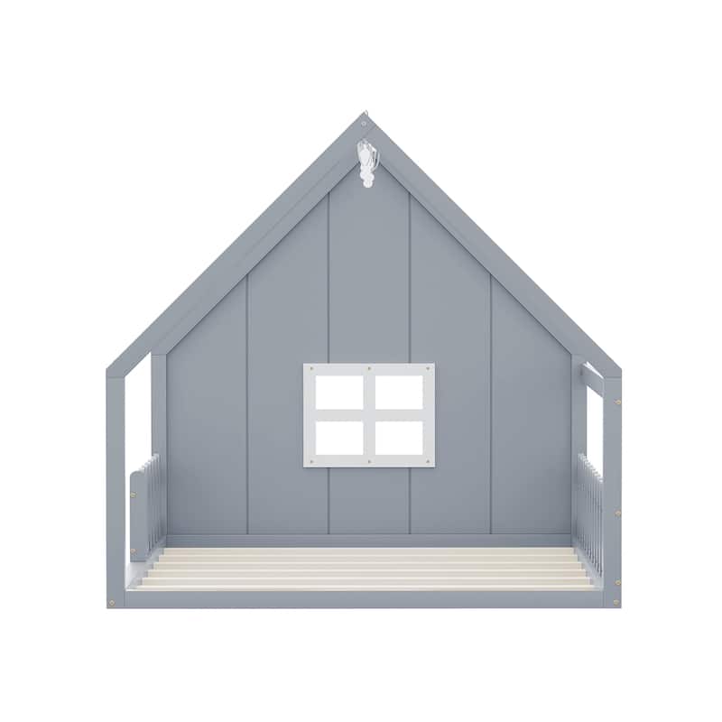 Full Size Wood House Bed with Window and Fence