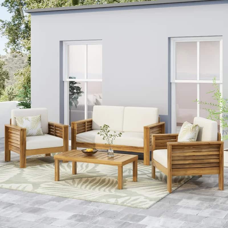Roomfitters Outdoor Acacia Wood Loveseat and Coffee Table Set, Cream Cushions, Teak Finish, Ideal for Patio, Garden, or Porch - Brown