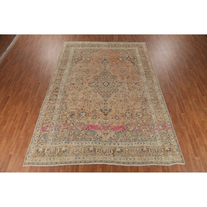 Orange Traditional Mashad Persian Vintage Rug Hand-Knotted Wool Carpet - 9'7"x 13'4"