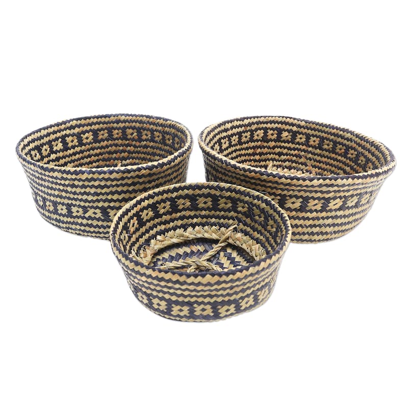 Novica Handmade Bali Weave In Black Natural Fiber Baskets (Set Of 3)