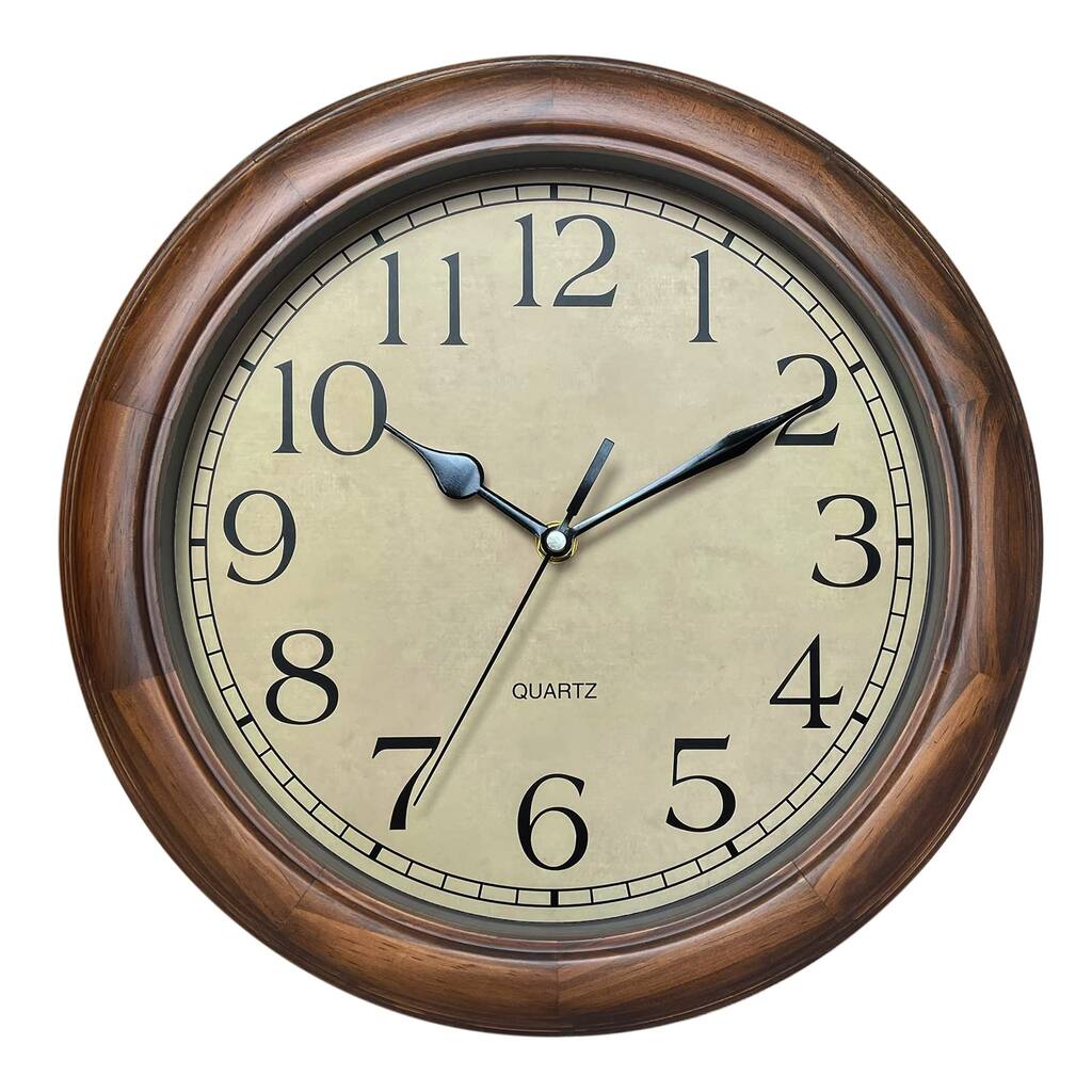 Wood Wall Clock with Retro Design, 12 Inch Round, Big Arabic Numerals, for Living Room Kitchen Classroom Gym and Pool, Brown