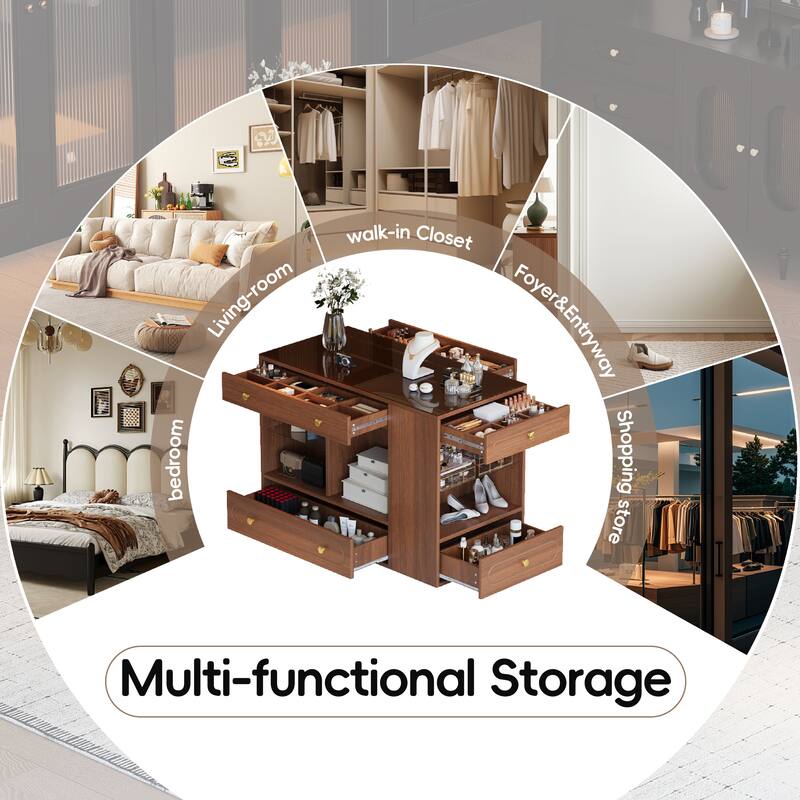 Roomfitters Closet Island with 6 Drawers, Glass Display Top and Open Shelves, Wardrobe Storage and Jewelry Vanity