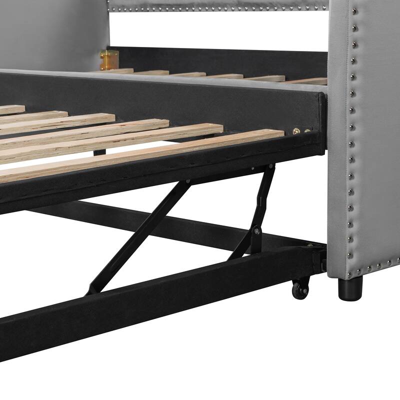 Roomfitters Twin Size Velvet Upholstered Daybed with Pop Up Trundle, Space Saving Sofa Bed Frame with Slats