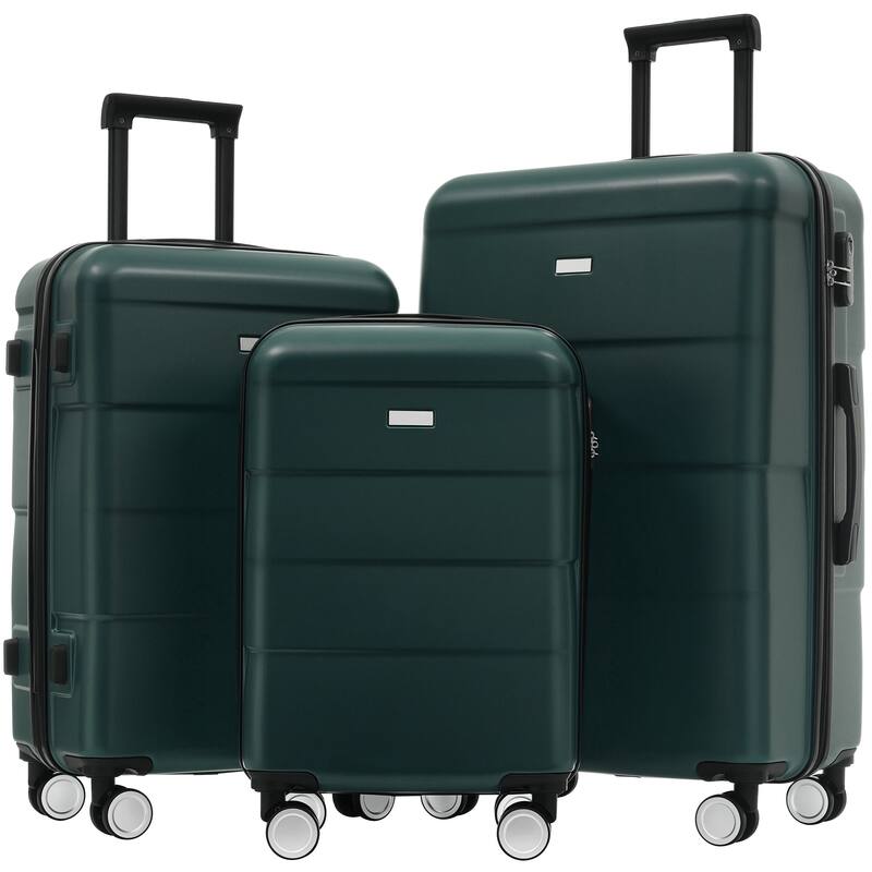 Hardshell Luggage Sets 3 Piece Double Spinner Wheels Suitcase with Handle Password Lock, Lightweight 20"+24"+28" Luggages - Dark Green