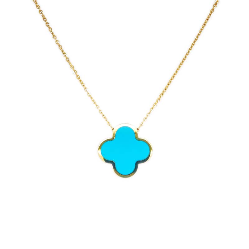 Italian 14K Yellow Gold Single Clover Necklace - Made In Italy 15mm Clover 16-18 Inch Chain 2.20 grams - Blue