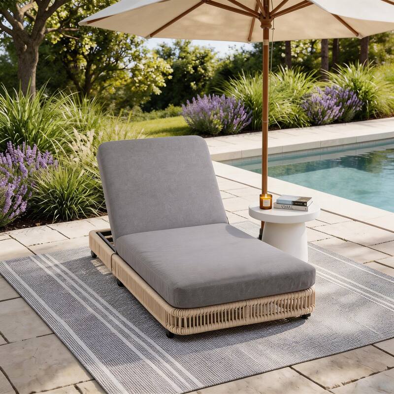 Outdoor Chaise Lounge Chair with Adjustable Backrest Patio Pool Lounge - Beige Frame+Grey Cushion