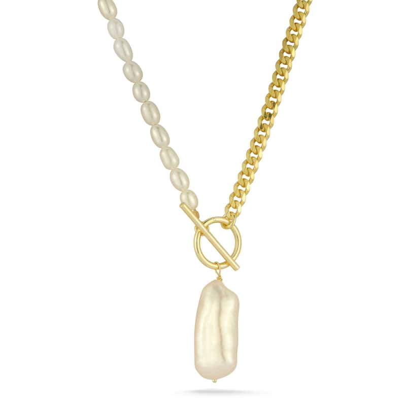 Soleil Sterling Silver Freshwater Pearl Mixed Chain Toggle Necklace - Yellow