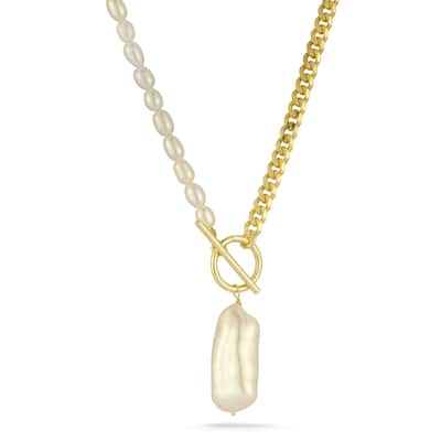 Soleil Sterling Silver Freshwater Pearl Mixed Chain Toggle Necklace
