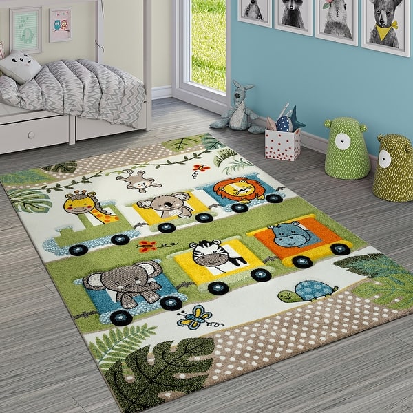 slide 2 of 6, Nursery Rug Cute Jungle Animals Locomotive Kids 3D Effect Green Cream 2'8" x 4'11"