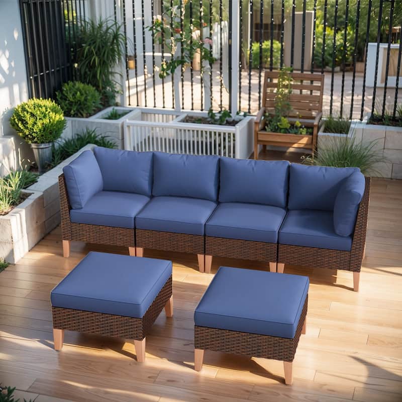 Patio Sectional Outdoor Sofa with Ottoman Sets - Blue - Brown