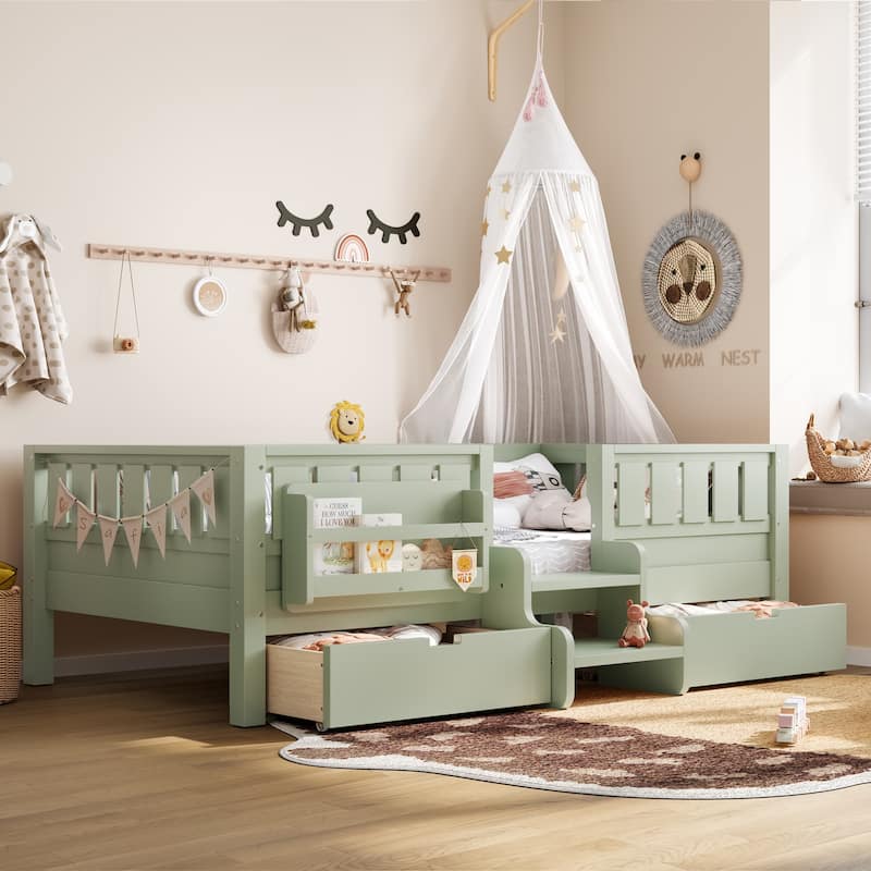 Full/Twin Loft Bed with Storage Drawers, Safety Staircase & Rails