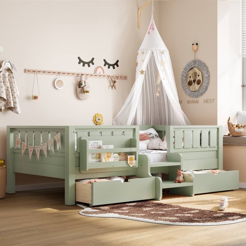 Multiple Colors Toddler Montessori Bed Children's Platform Bed with Low Profile Stairs, Built-in Bookshelf and Storage Drawers