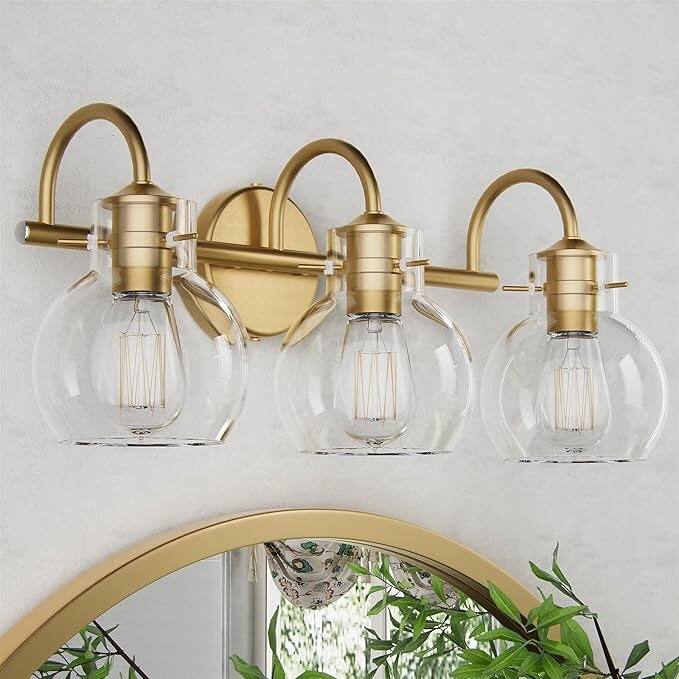 Modern 2/3/4 Bathroom Vanity Lights Clear Globe Glass Shade - 3-Light/17.3" - Gold