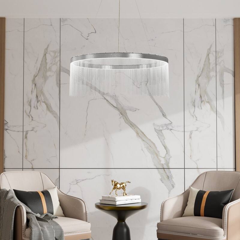 Aluminum Tassel Linear Chandelier Round Ceiling Pendant Lighting Fixture Over Dining Table, Kitchen Islands, Entryways