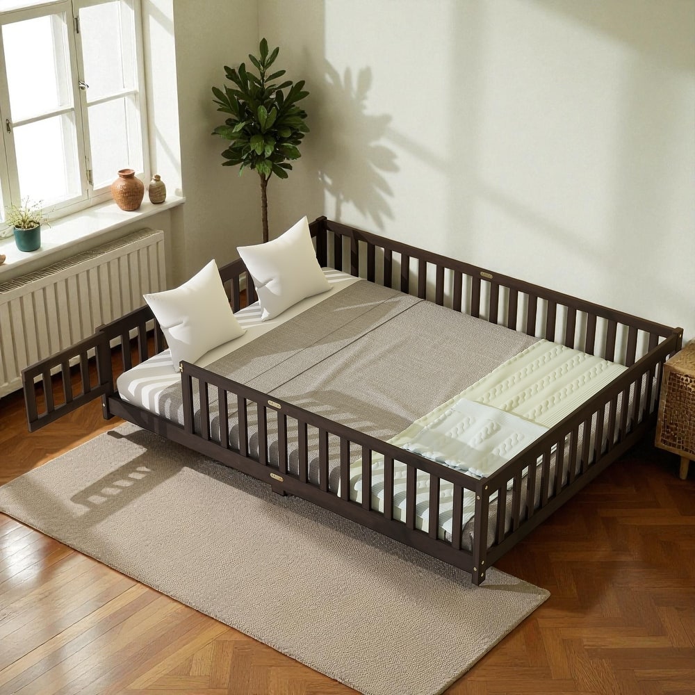 Queen Size Rubber Wood Floor Bed with Fence and Door, Montessori Platform Bed with Safety Guardrails for Kids