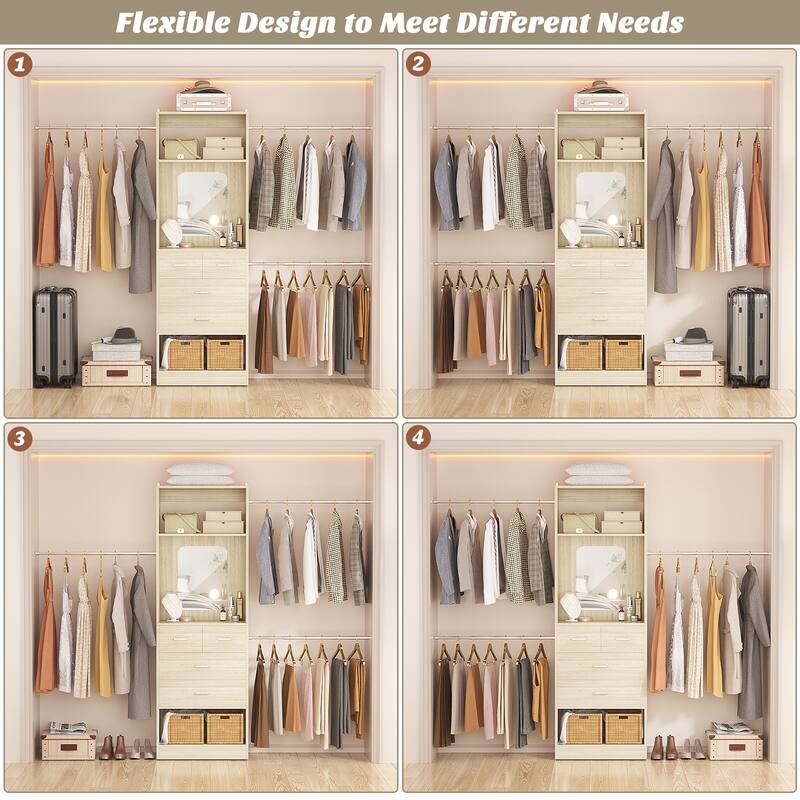 48"-96" W Wooden Closet System with 4 Wooden Drawers and Mirror, Walk-in Closet Organizer with 4 Adjustable Hanging Rods