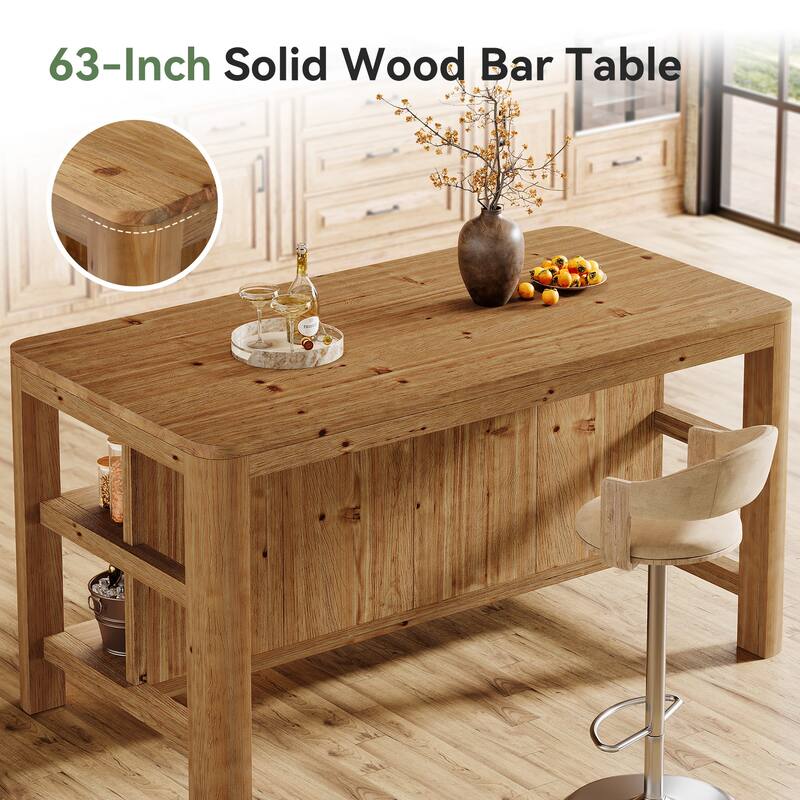 63'' Solid Wood Bar Table, Counter Height Pub Table with Storage Shelves