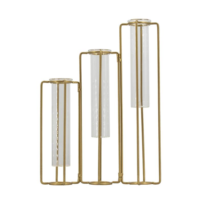 Rossetta Oversized Minimalist Lines Industrial Intrigue 3-Bottle Pedestal Beaker Vase with Metal Frame