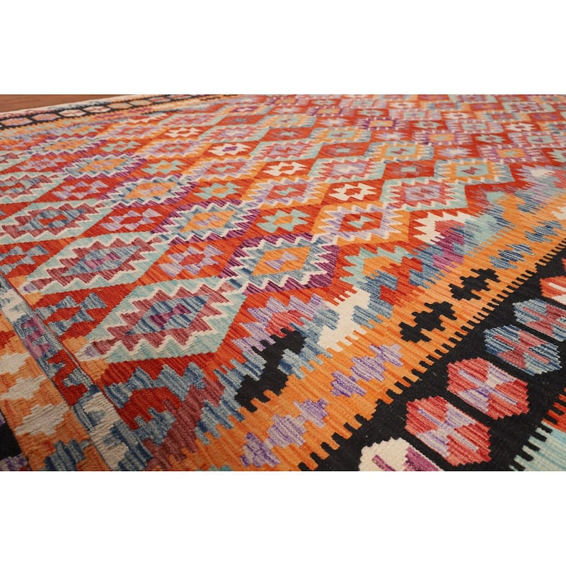 Orange Kilim Area Rug Hand-Woven Reversible Wool Carpet - 8'5" x 11'5"