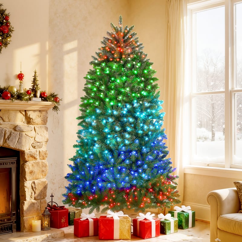 HOMCOM 6ft Smart Prelit Xmas Tree: Full-Spectrum RGB, App/Remote, Hinged, Easy Assembly, Green