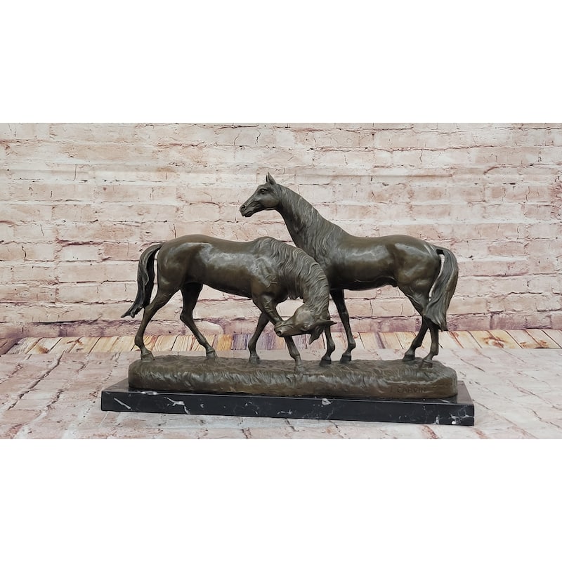 Necking Imitative Horses Equestrian Imitative Horse Lover Bronze Sculpture Statue Art Figure Marble Base