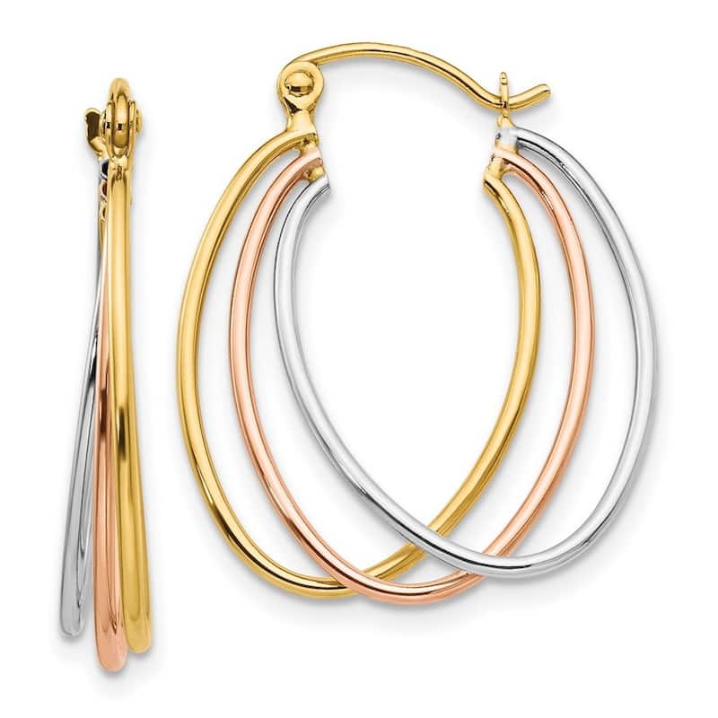 Curata 14K Tri Color Gold 12x4mm Triple Hoop Earrings