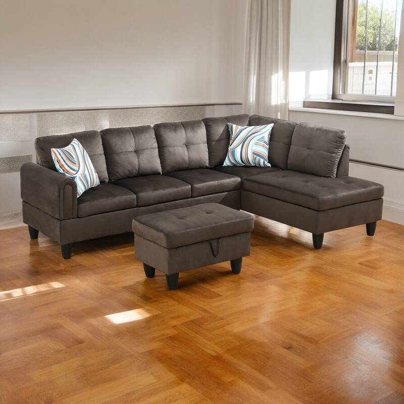 KISRAIS 97" Wide 3-Piece Upholstered Sectional Sofa Set for Small Spaces - Brown Flannel - Right Facing