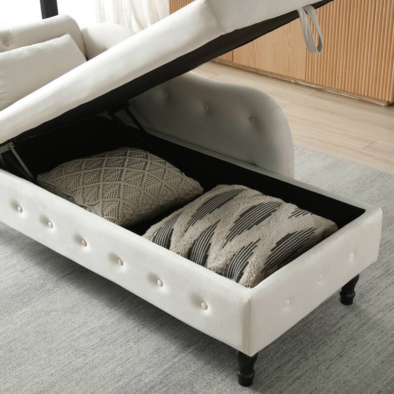 Modern 60" Velvet Upholstered Buttons Tufted Chaise Lounge Chair with Solid Wood Legs and Storage