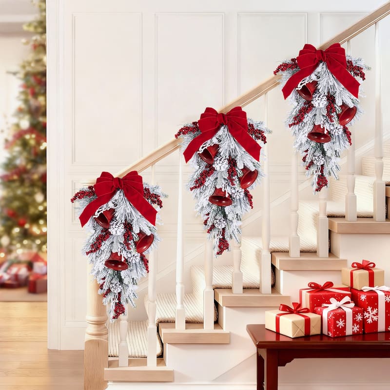 Glitzhome Christmas Berry Bow Pinecone Bell Holy Leaf Teardrop Swag Xmas Wreath