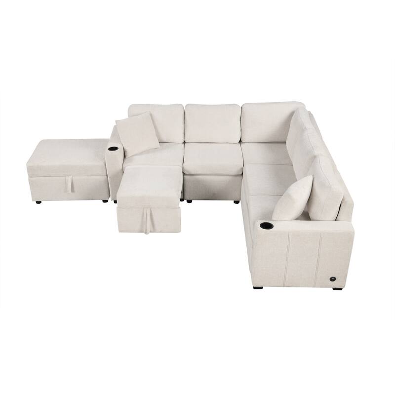 84.7" Convertible Sofa Bed in Beige Chenille with Storage Ottoman, USB & Cup Holders