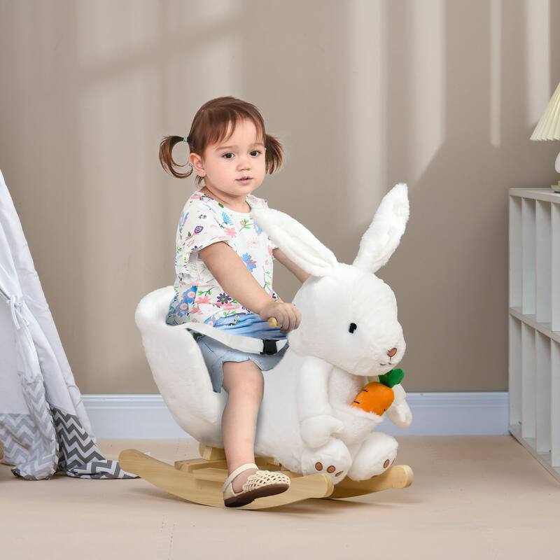 White bunny Plush Rocking Horse for Toddlers Ages 18 to 36 Months with Safety Belt and Interactive Sounds