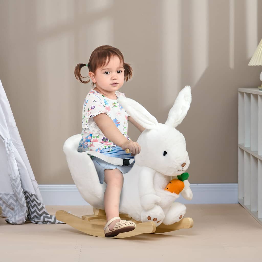 White bunny Plush Rocking Horse for Toddlers Ages 18 to 36 Months with Safety Belt and Interactive Sounds
