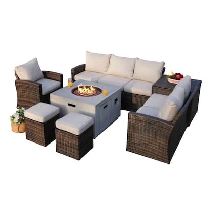 7-Piece Patio Brown Rattan Wicker Conversational Sofa Set with Fire Pit Table and Storage Box