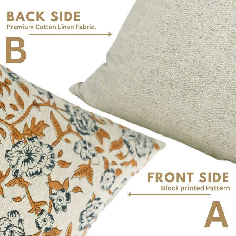Fabdivine Handmade Dark Blue Block Print Cushion Cover Floral Linen for Living Room Sofa Chair Hotel, Home Decoration, Gopi