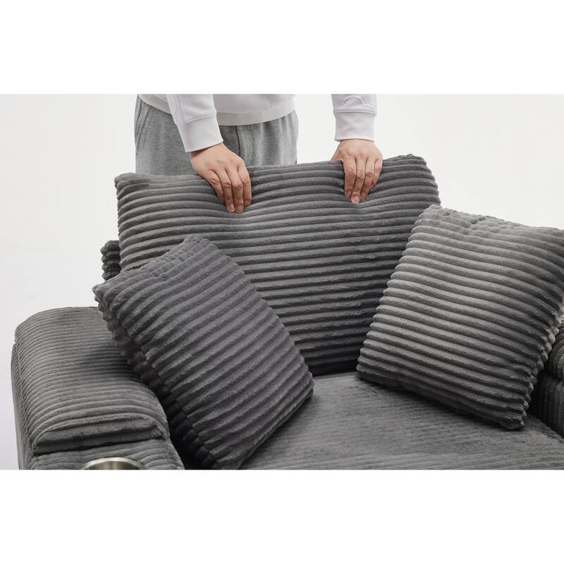 Corduroy Sofa Sets with Ottoman, Handrail Storage and Cup Holders
