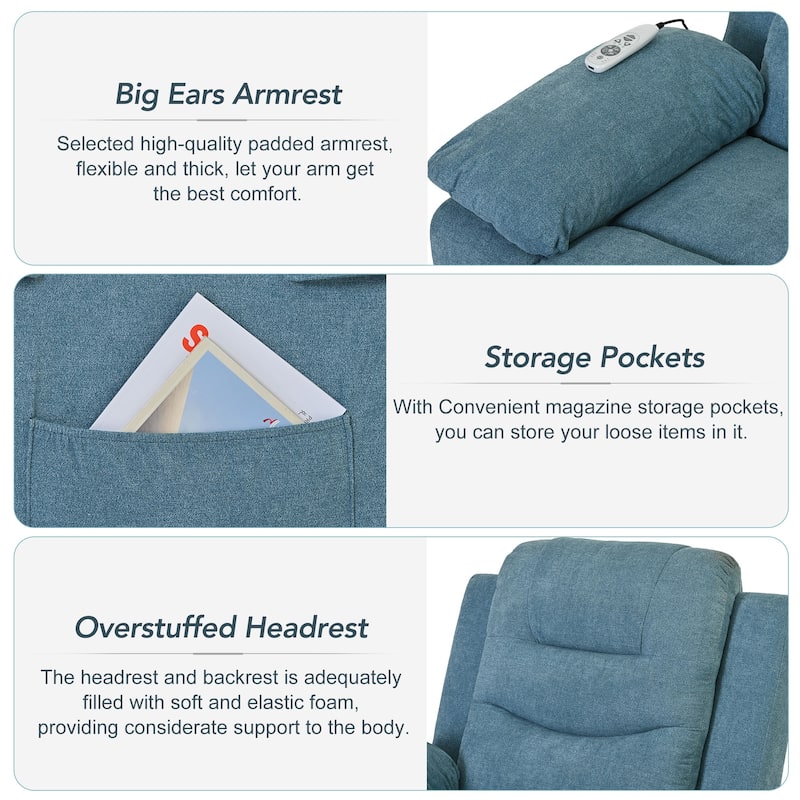 Standard Size Linen Power Lift Recliner Chair with Massage, Heating, and Side Storage Pocket