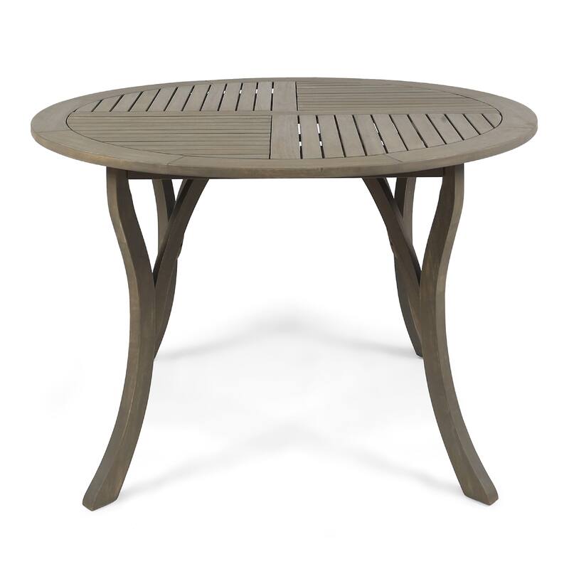 Olen Outdoor Round Dining Table, Curved Legs, Gray Acacia Wood 47 Inch