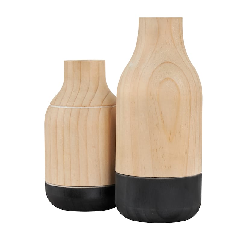 Light Brown Wood Colorblock Decorative Vase with Black Bases (Set of 2)