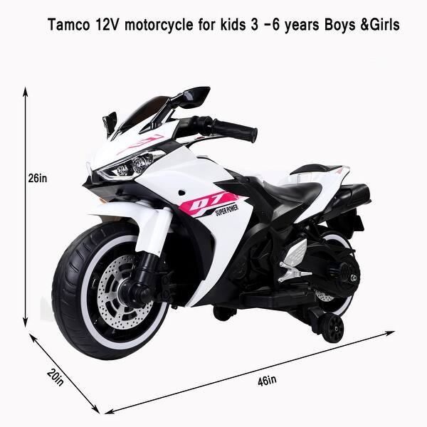 dimension image slide 0 of 3, 12V Kids Motorcycle Ride-On Toy for Ages 3-6 with Training Wheels, Manual Throttle & LED Lights