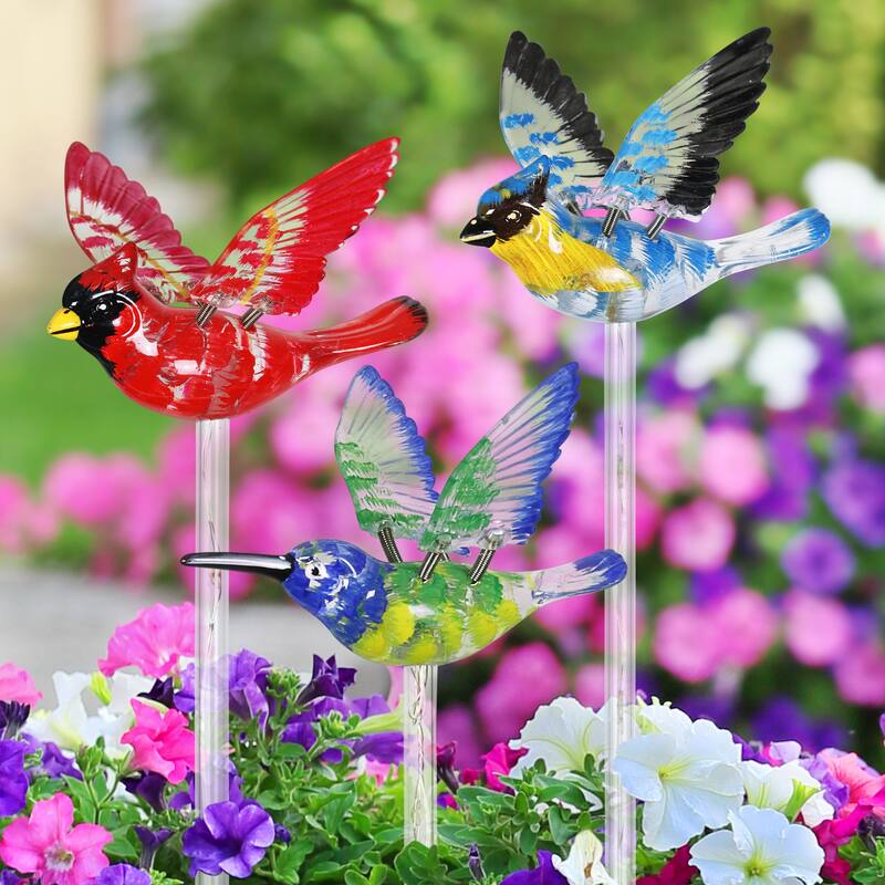 Exhart Solar WindyWing Garden Stake Set of Cardinal, Hummingbird and Blue Bird with Colored LED Lights, 4 by 27 Inch